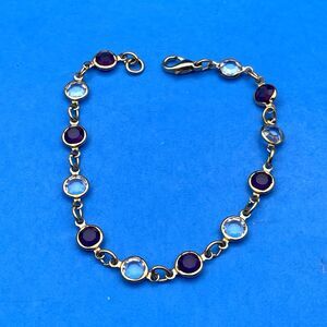 Vintage Gold Tone Purple Blue Crystal Bezel Station Link Bracelet 7 1/4 In Retro